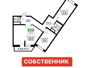 3-ком. квартира на продажу, 74.6 м2, Краснодар, ЖК Свобода