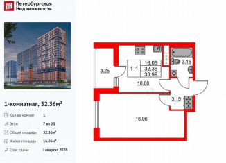 Продам 1-комнатную квартиру, 32.4 м2, деревня Новосаратовка