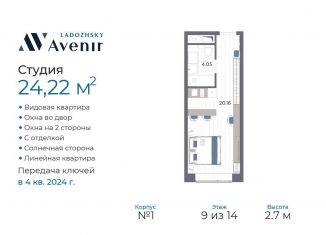 Продам квартиру студию, 24.2 м2, Санкт-Петербург, Магнитогорская улица, 51литЗ, муниципальный округ Большая Охта