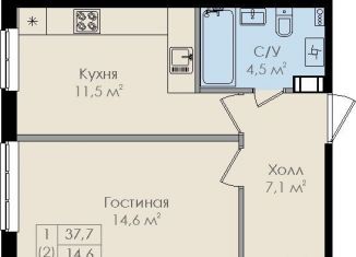 1-комнатная квартира на продажу, 37.7 м2, Великий Новгород, улица Вересова, 7, ЖК Барселона