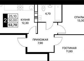 Двухкомнатная квартира на продажу, 53.7 м2, Ростовская область