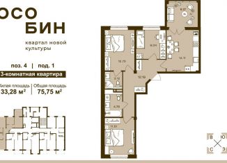 Продам трехкомнатную квартиру, 76.8 м2, Брянск