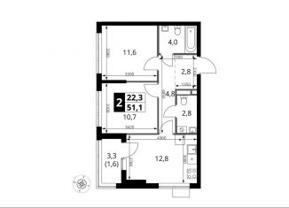 2-комнатная квартира на продажу, 51.1 м2, поселение Мосрентген