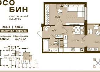 1-комнатная квартира на продажу, 42.2 м2, Брянск
