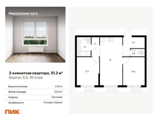 Продаю 2-комнатную квартиру, 51.2 м2, Москва, станция Щербинка