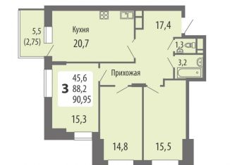 Трехкомнатная квартира на продажу, 91 м2, Чебоксары, Московский район, улица Филиппа Лукина, 16