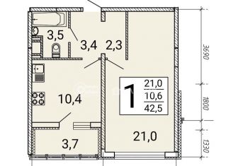 Продажа однокомнатной квартиры, 42.5 м2, Воронеж, улица Артамонова, 34Ж, ЖК Волна-1