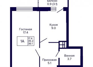 1-комнатная квартира на продажу, 36.1 м2, Новосибирская область, улица Бородина, 54