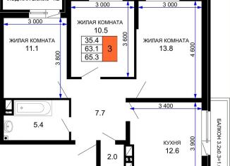 Продажа трехкомнатной квартиры, 65.3 м2, Краснодар