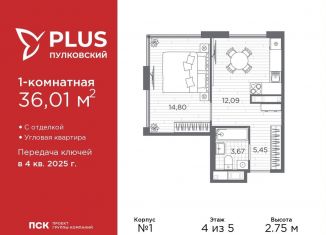Продам однокомнатную квартиру, 36.1 м2, Санкт-Петербург, муниципальный округ Пулковский Меридиан