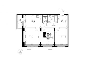 3-комнатная квартира на продажу, 68.6 м2, деревня Сапроново, жилой комплекс 1-й Донской, 4