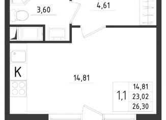 1-комнатная квартира на продажу, 26.3 м2, Санкт-Петербург, улица Лермонтова, 15к2