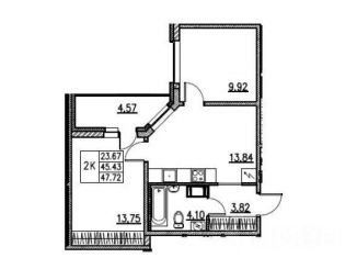 2-комнатная квартира на продажу, 47.7 м2, Кудрово, проспект Строителей, 1к2