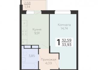 Продается однокомнатная квартира, 33.9 м2, Воронежская область