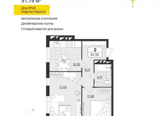 Продается 2-комнатная квартира, 51.2 м2, Ульяновск, квартал Европа, 46, Засвияжский район