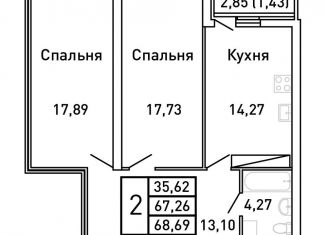 Двухкомнатная квартира на продажу, 68.7 м2, Самара, Ленинский район