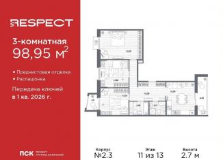 Продается трехкомнатная квартира, 99 м2, Санкт-Петербург, метро Площадь Мужества