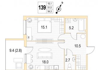 Однокомнатная квартира на продажу, 54.3 м2, Санкт-Петербург, проспект Патриотов, 33