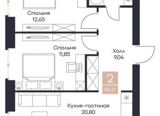 Продажа 2-комнатной квартиры, 58.4 м2, село Поляны