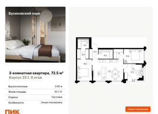 Трехкомнатная квартира на продажу, 72.5 м2, Москва, ЖК Бусиновский Парк