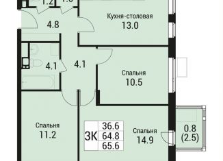 3-комнатная квартира на продажу, 65.6 м2, рабочий посёлок Малаховка