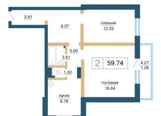 Продаю двухкомнатную квартиру, 59.7 м2, Красноярск
