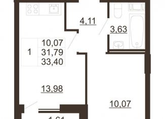 Продам 1-комнатную квартиру, 33.4 м2, Ленинградская область