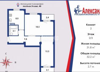 Продажа 2-комнатной квартиры, 52 м2, Ленинградская область, посёлок Углово, 40