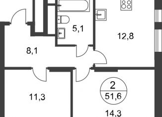 Продажа двухкомнатной квартиры, 51.6 м2, поселение Внуковское, 17-й квартал, к2