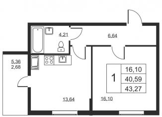 1-комнатная квартира на продажу, 43.3 м2, Бугры