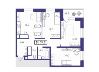 3-ком. квартира на продажу, 74.3 м2, Тюмень, улица Мельникайте, 2к17, Центральный округ