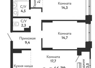 Продается трехкомнатная квартира, 73 м2, Новосибирск, Первомайский район, жилой комплекс Одоевский, 3