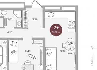 2-комнатная квартира на продажу, 59.2 м2, Тюмень, улица Николая Машарова, 10, ЖК Машаров