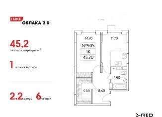 1-комнатная квартира на продажу, 45.2 м2, Люберцы, Солнечная улица, 2, ЖК Облака 2.0