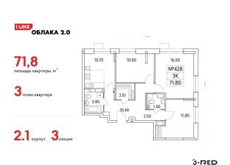 3-комнатная квартира на продажу, 71.8 м2, Люберцы, Солнечная улица, 2, ЖК Облака 2.0
