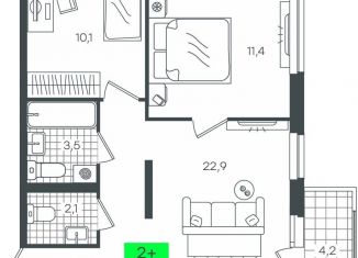 2-ком. квартира на продажу, 58.9 м2, деревня Дударева, ЖК Андерсен Парк