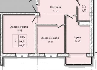 2-комнатная квартира на продажу, 64.8 м2, Нальчик, улица А.А. Кадырова, 2, ЖК Молодёжный