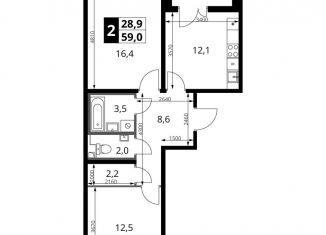 Продам 2-комнатную квартиру, 59 м2, Московская область